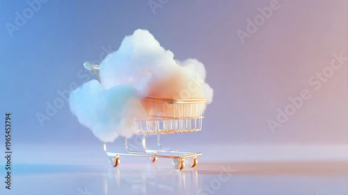 Gold miniature shopping cart overflowing with fluffy white clouds on a soft pastel gradient background, representing cloud computing, digital commerce, and ecommerce concepts
