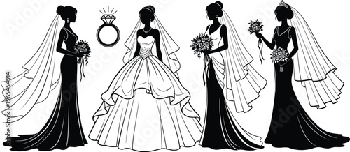 Set of elegant bride silhouettes in various wedding dresses with veils and bouquets for marriage ceremony and invitation card design.