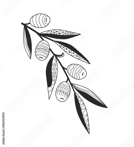 Hand drawn doodle patterned olive branch, isolated on a white background, olive branch painting. Vector illustration