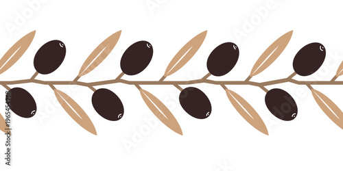 Hand drawn olive branch seamless border, olive twig silhouette isolated on a white background. Vector illustration
