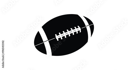A stark black and white depiction of an american football with prominent laces presented as a silhouette