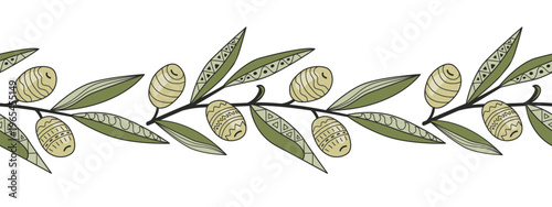 Hand drawn doodle patterned olive branch seamless border, isolated on a white background, olive branch painting. Vector illustration