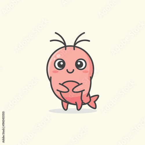 Adorable pink cartoon creature with big eyes, small arms, and a fin. The character has antennae, a smiling face, and a soft, simple design