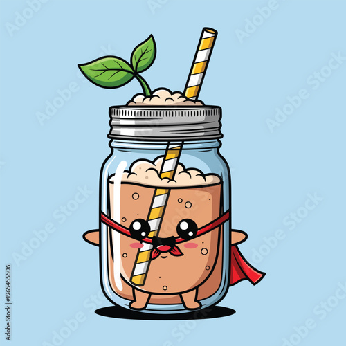 Adorable superhero drink in a mason jar with straw, leaves, and a red cape. The drink has cute eyes and legs, and a red ribbon