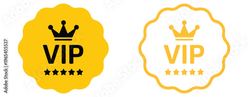 VIP, premium vector icon set with crown and five-star badge symbols, representing exclusive membership, status, and quality, clean modern flat design