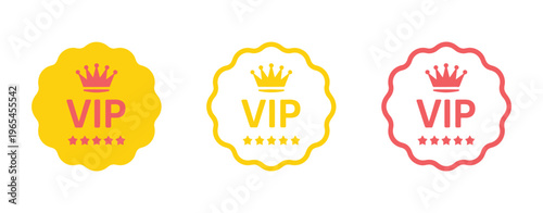 VIP, badge icon set featuring label, tag, crown, and five-star symbols, premium membership and luxury concept, modern flat vector illustration collection for apps, websites, and digital design