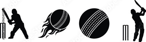 Cricket batsman silhouette with flaming ball set, sport action vector illustration, cricket equipment design black isolated dynamic game collection
