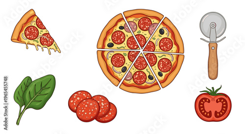 Delicious Pepperoni Pizza Illustration with Fresh Ingredients for Culinary Concepts: Enjoy this vibrant, cartoon-style graphic featuring a sliced pie, spinach, tomatoes, and pizza.