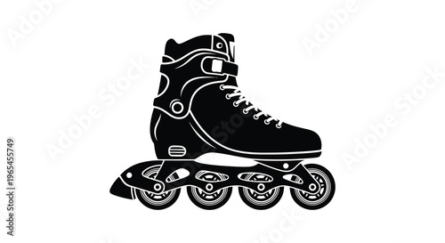 A detailed black illustration showcases a single inline roller skate with prominent features a striking silhouette high quality