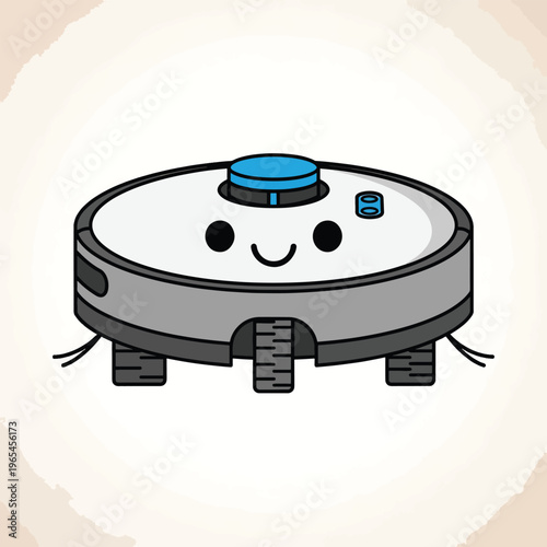 An illustrated, cartoon-style robot cleaner with a cheerful face. It has a smiling mouth, round eyes, and a blue button on its top