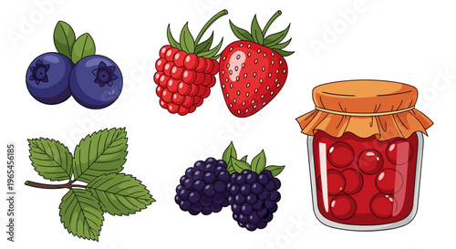 Delicious Berries and Jam Illustration: Fresh blueberries, raspberries, blackberries, and strawberries create a vibrant display of natural sweetness, perfect for food illustrations.