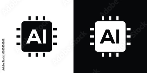 Solid vector icon of an Artificial Intelligence CPU chip. Professional black and white graphic representing machine learning, smart computing power, and neural network hardware.