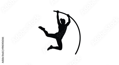 A dynamic black silhouette depicts an athlete in mid air skillfully performing a pole vault jump silhouette