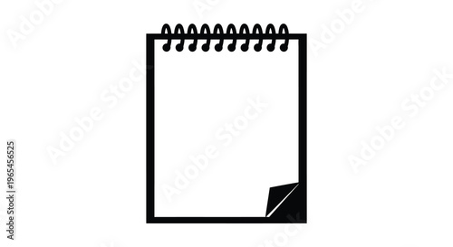 A stark black outline depicts an open spiral notebook with a slightly bent corner a captivating silhouette