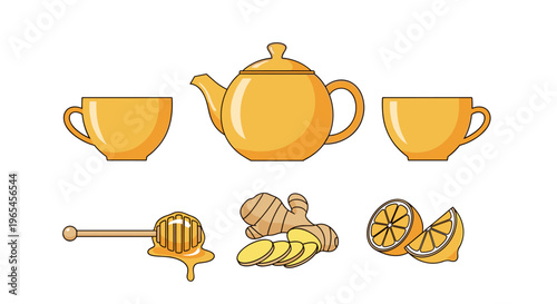 Healthy Ginger Lemon Tea Preparation with Honey, Offering Immunity Boost and Wellness, Presented in Minimalist Flat Design for Natural Medicine and Holistic Health Concepts in Rela.