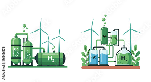 Renewable Hydrogen Production using Electrolysis powered by Wind Turbines showcases a sustainable energy ecosystem for eco-friendly fuel alternatives and emission reduction in a cl.