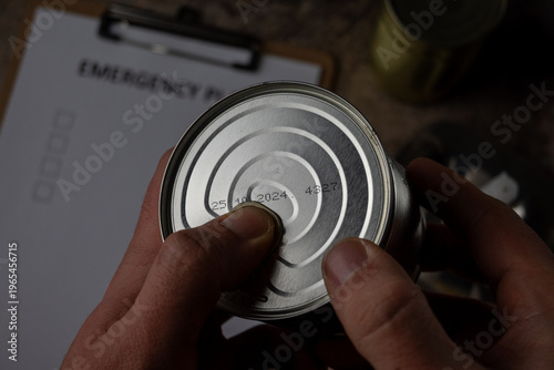 Billede på lærred Checking expiration date on canned food