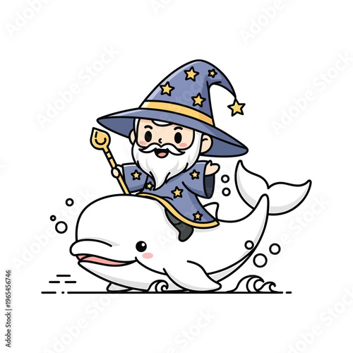 An illustration depicting a wizard riding a friendly beluga whale. The wizard is wearing a tall hat with stars and holding a staff. The whale appears happy