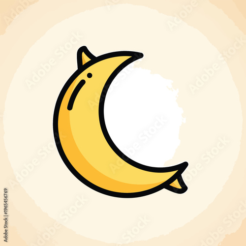 A yellow banana, outlined in black with a slight sheen, sits against a neutral background framed by an irregular circle of light orange