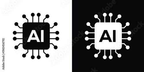 Solid vector icon of an Artificial Intelligence CPU chip. Professional black and white graphic representing machine learning, smart computing power, and neural network hardware.
