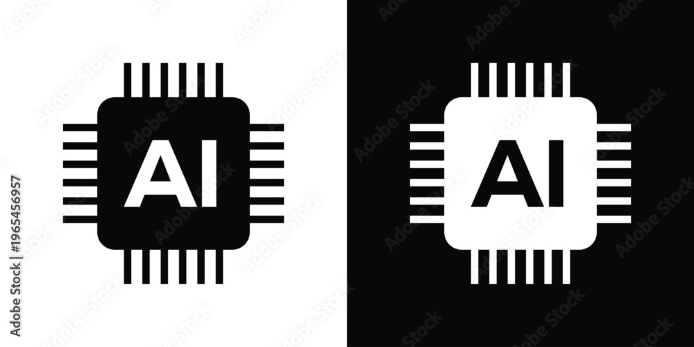 Obraz premium Solid vector icon of an Artificial Intelligence CPU chip. Professional black and white graphic representing machine learning, smart computing power, and neural network hardware.