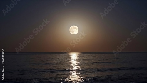 Luminous Full Moon Rises Above Ocean Horizon - Calming Seascape Night Photography
