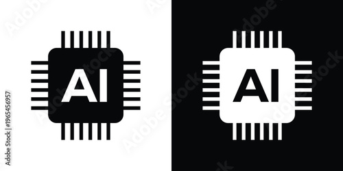 Solid vector icon of an Artificial Intelligence CPU chip. Professional black and white graphic representing machine learning, smart computing power, and neural network hardware.