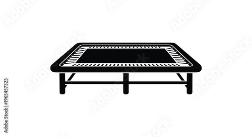 A simple black and white illustration depicts a rectangular trampoline with springs and legs a silhouette high quality