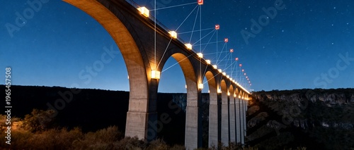 Knowledge Graph Viaduct. Arched viaduct maps AI entities with lit nodes