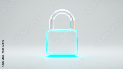 Glowing transparent glass padlock with cyan light representing cyber security and data protection on a white background, concept of digital safety, encryption, and network privacy