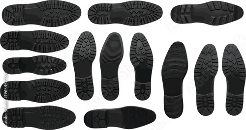 Black Shoe Soles Various Orientations Isolated on White