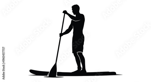 A solitary man stands on a paddleboard holding a paddle depicted in stark black silhouette high quality professional
