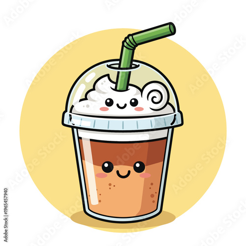 An illustration of a drink in a clear cup with a dome lid.  The drink has a whipped cream face with a green straw. The cup rests on a pale yellow circle