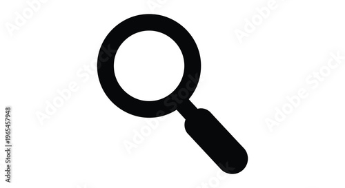 A simple black silhouette of a magnifying glass angled slightly towards the viewer on a white background silhouette