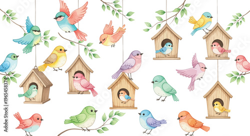 Colorful birds and birdhouses in a whimsical garden setting