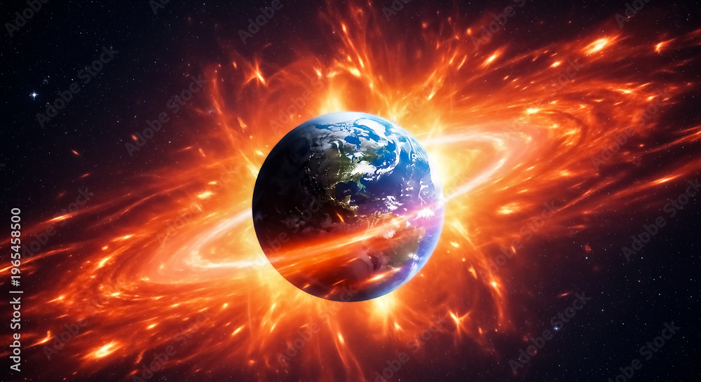 Obraz premium Illustration of Earth near a Saturn-like planet amid a dynamic cosmic storm, featuring swirling energy rays and a starry universe backdrop.
