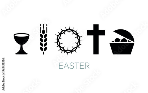 Easter religious symbols set flat design vector illustration chalice wheat crown of thorns cross and tomb