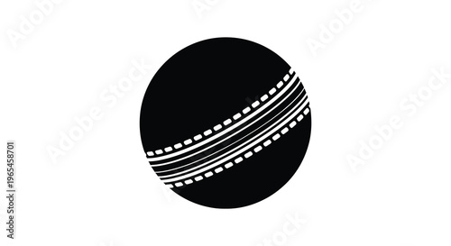 A stark black and white depiction of a cricket ball with detailed stitching presented as a silhouette