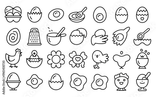 Cute hand drawn Easter egg cartoon icons set with chickens flowers and kitchen utensils isolated on white background