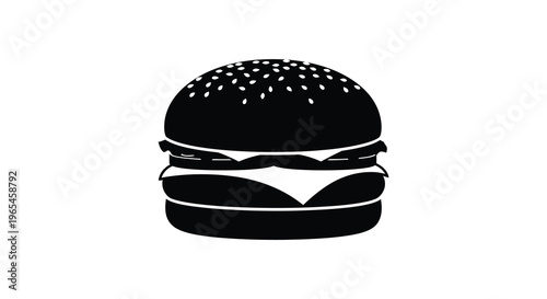 A striking black silhouette depicts a classic cheeseburger with visible layers showcasing fast food simplicity as a silhouette