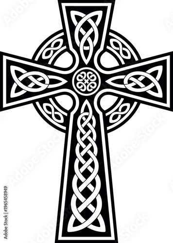 Celtic cross vector illustration black and white intricate knotwork design spiritual symbol religious heritage isolated artwork
