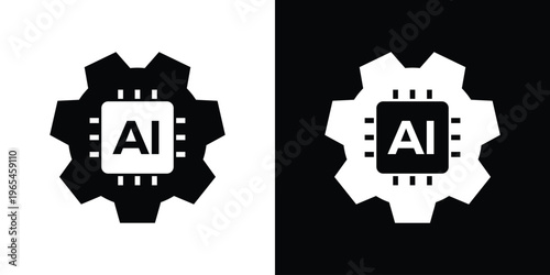 Bold vector icon featuring an AI processor inside a solid gear. Symbolizes the power of AI in automation, industrial processing, smart manufacturing, and technological evolution.