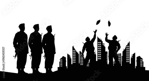 Silhouette Soldiers Throwing Grenades in Destroyed Cityscape