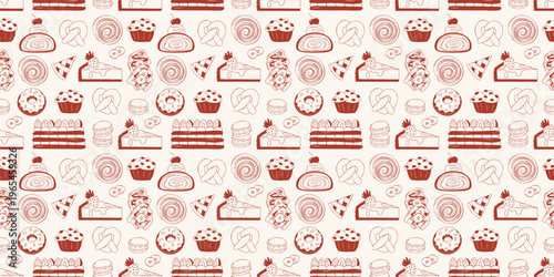 Seamless vector pattern with muffins, cheesecake, macarons, mille feuille, donuts, vienna waffles and pretzels. Minimalist hand drawn red line style on beige, for bakery branding and food packaging.