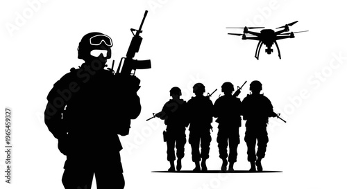 Silhouette Soldiers and Drone: Modern Warfare, Surveillance, and Military Technology