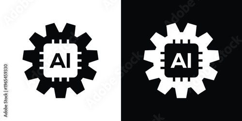Bold vector icon featuring an AI processor inside a solid gear. Symbolizes the power of AI in automation, industrial processing, smart manufacturing, and technological evolution.