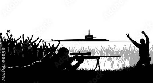 Sniper aims at cheering crowd, submarine in background, military conflict, victory celebration