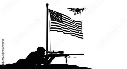 Sniper Aims Drone Surveillance USA Flag Silhouette Military Technology