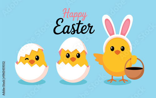 Cute Easter chicks and bunny with colorful eggs in pastel spring celebration illustration