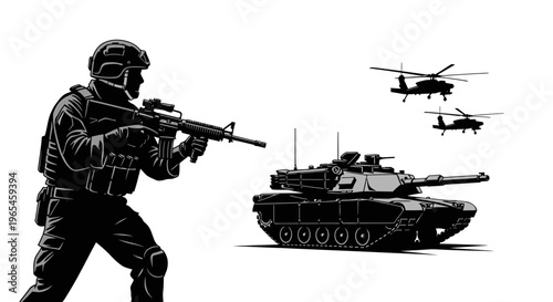Soldier Aiming Rifle with Tank and Helicopters in Background - Military Action Scene
